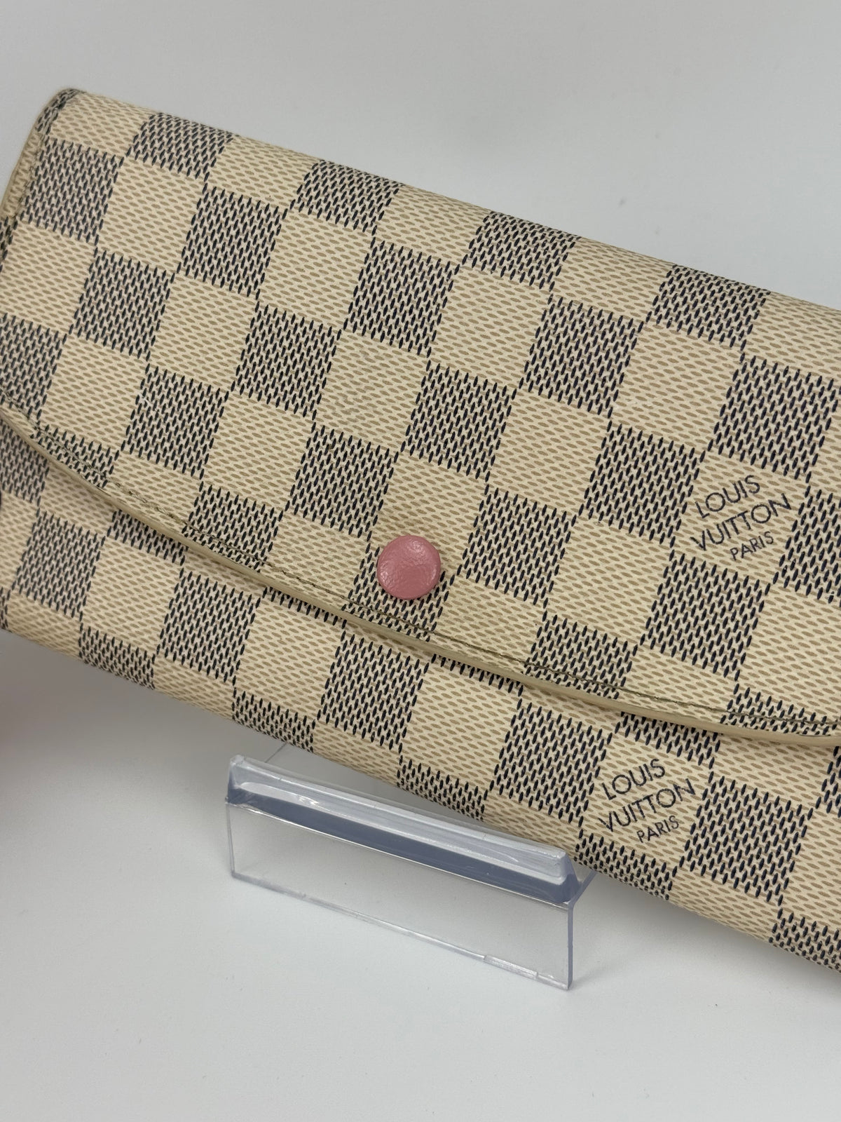 Louis Vuitton portafoglio Emilie damier azur e pelle rosa