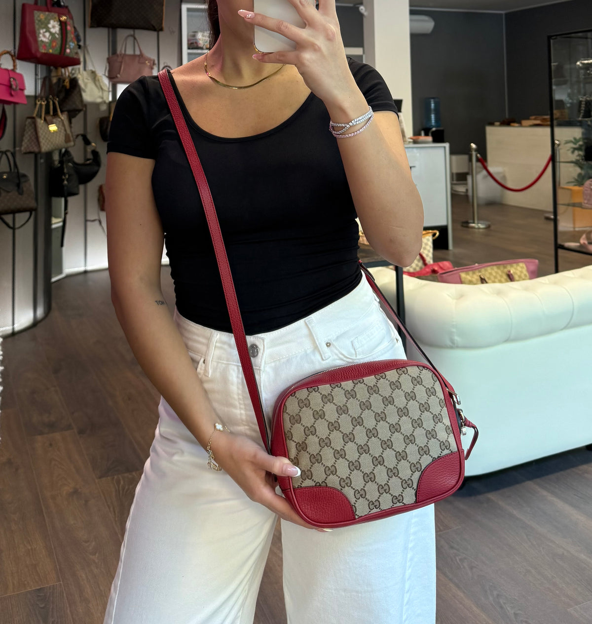 Gucci tracolla Bree pelle rossa e tela GG