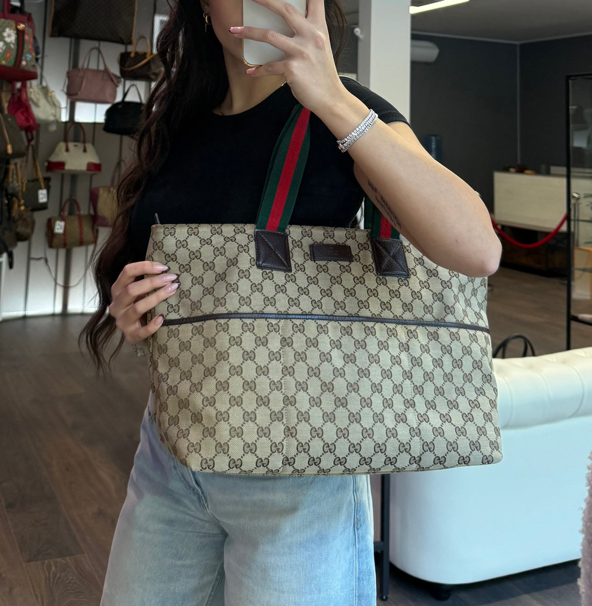 Gucci tote bag in tela GG e fascia web