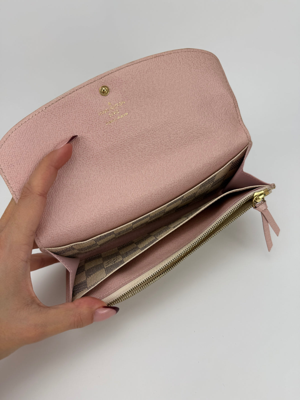Louis Vuitton portafoglio Emilie damier azur e pelle rosa