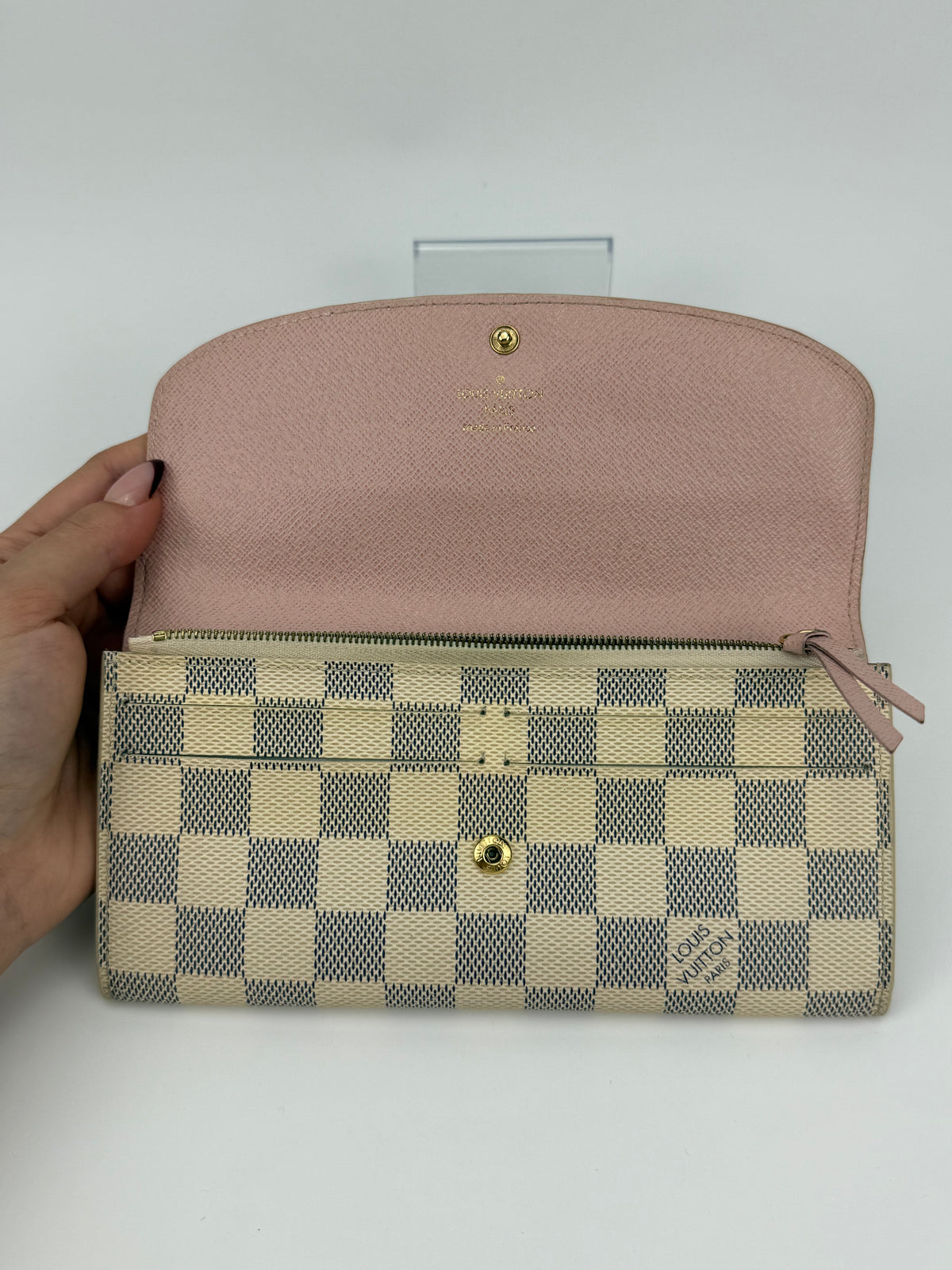 Louis Vuitton portafoglio Emilie damier azur e pelle rosa